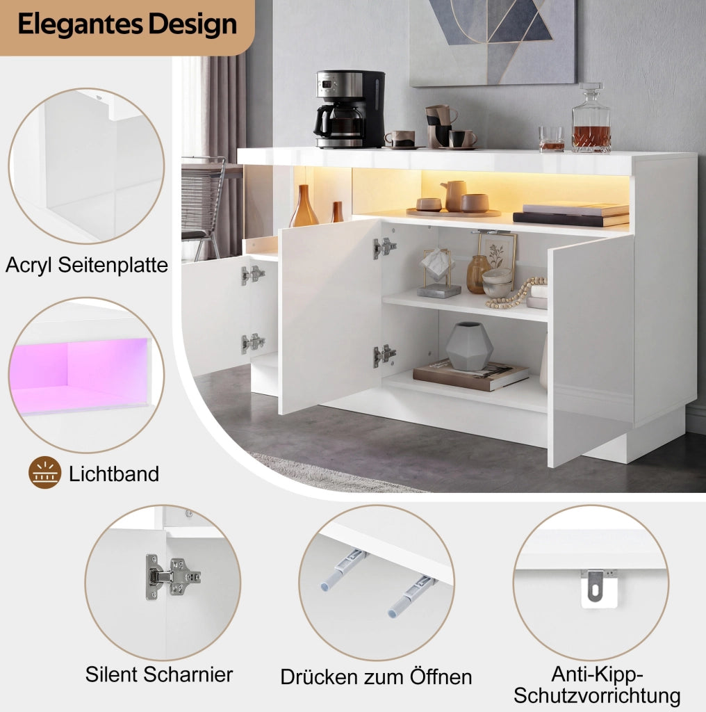 Credenza bianca 140 cm con LED controllati via app e vano acrilico