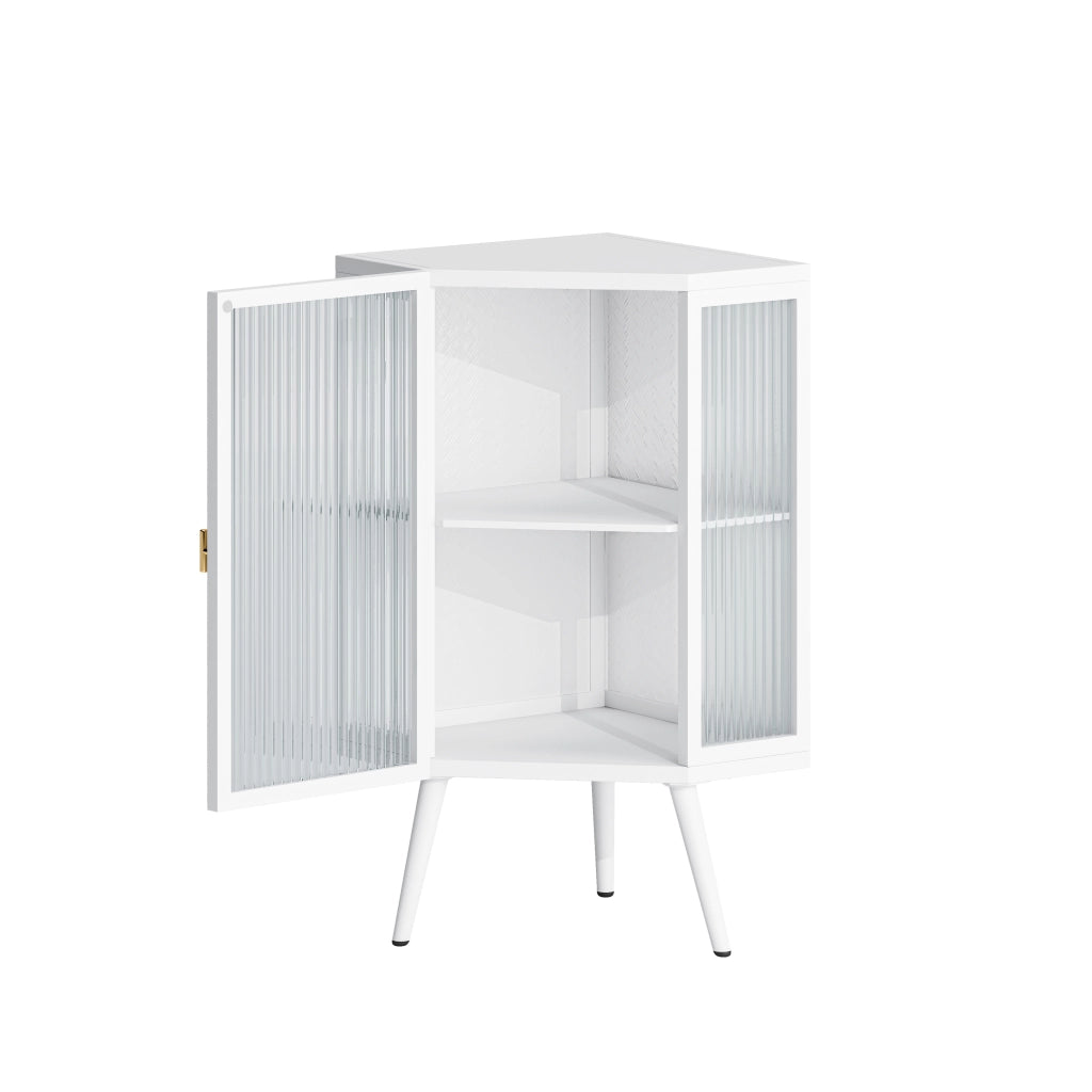 Armadio angolare da terra 80 cm, bianco, 2 livelli con ante in vetro temperato e ripiani, per bagno, soggiorno e camera