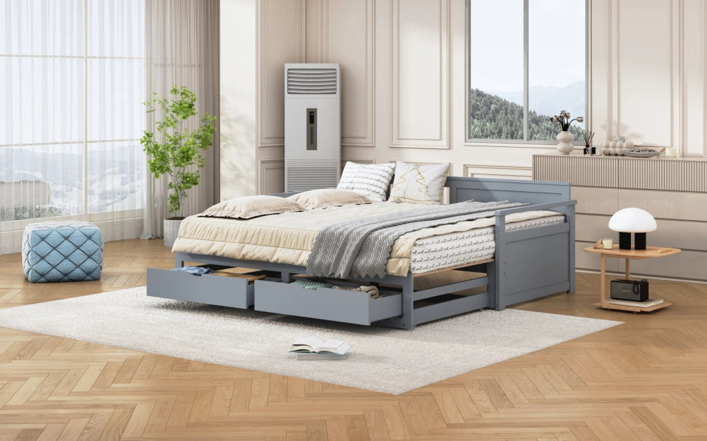 Letto Daybed Multifunzionale 90/180 x 190 cm in Pino con Cassetti e Letto Estraibile Grigio