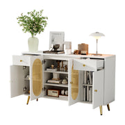 Credenza con 4 ante, 2 cassetti e ripiani regolabili per soggiorno, in truciolare bianco e naturale, 140 × 35 × 82 cm