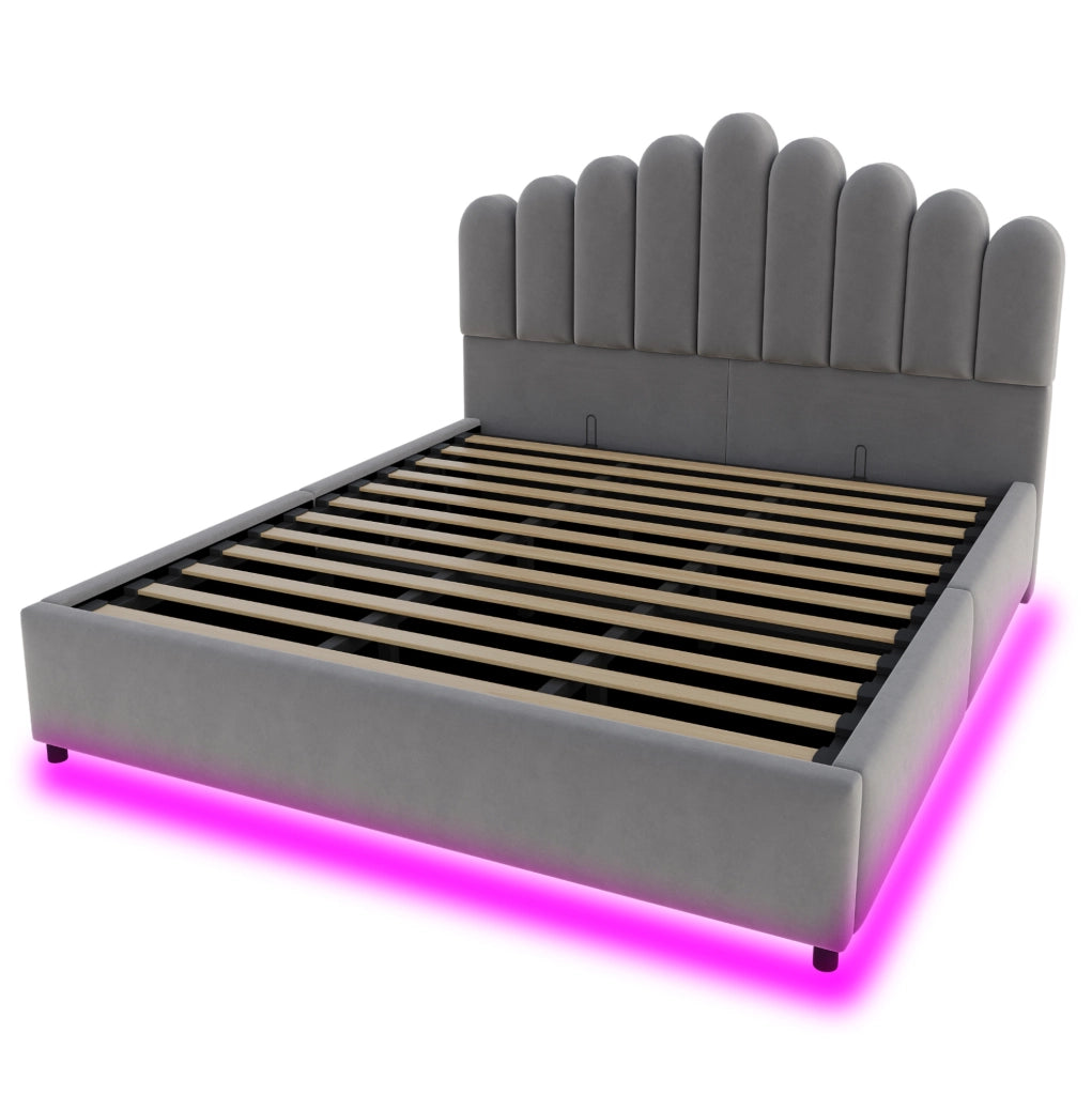 Letto contenitore 180x200 cm in velluto grigio con LED, senza materasso –
