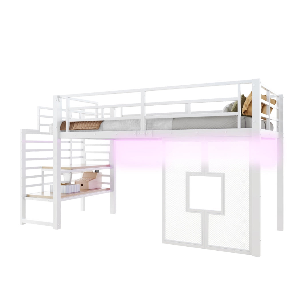 Letto a soppalco in metallo 90 x 200 cm con scala, contenitore, illuminazione LED e finestre - Bianco