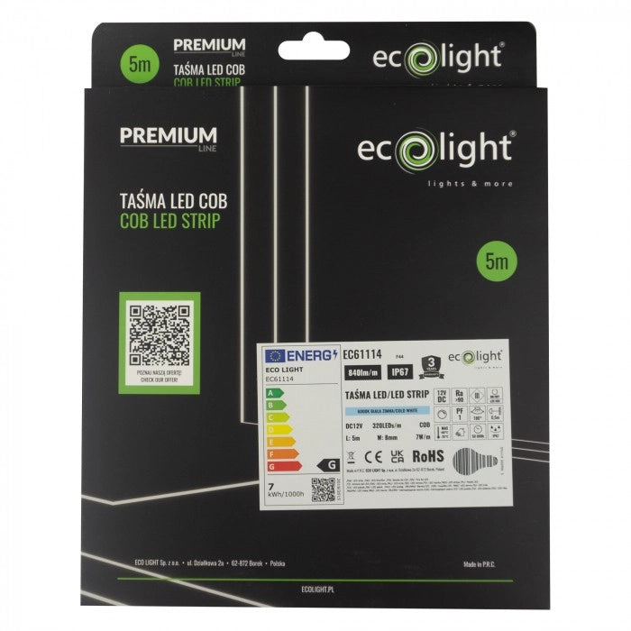Striscia LED COB 12V IP67 5m 6000K dimmer Ecolight
