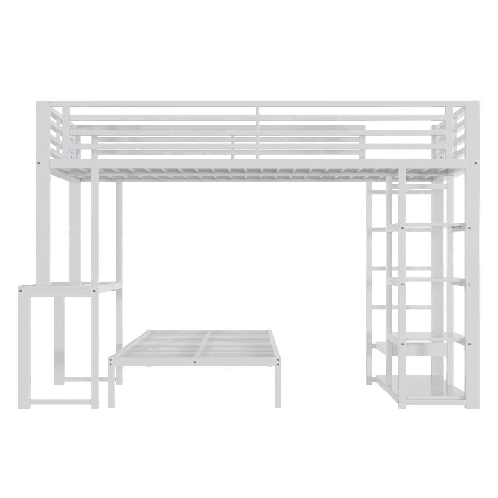 Letto a castello 90 x 200 cm, struttura in metallo, con scrivania, presa di ricarica, 4 ripiani portaoggetti, bianco