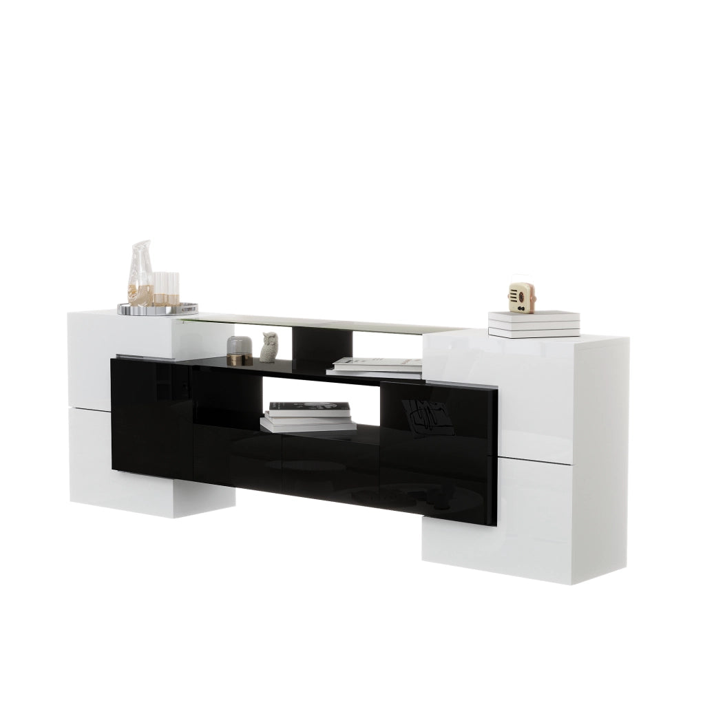 Mobile TV moderno 200x35x60 cm con LED multicolore; 6 ante e 2 cassetti bianco e nero