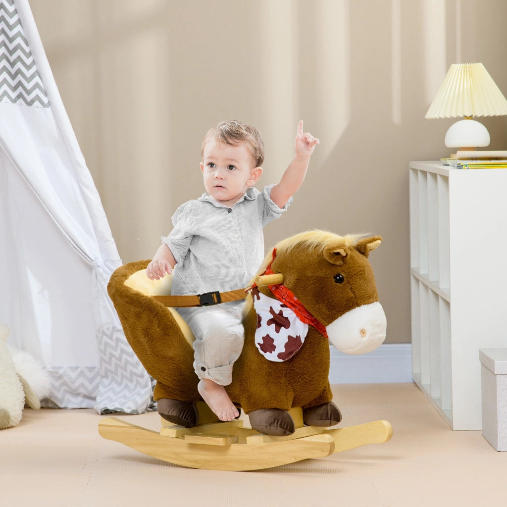 EasyComfort Cavallo a Dondolo per Bambini da 18-36 Mesi con Suoni Realistici, 60x33x50 cm, Marrone e color Legno