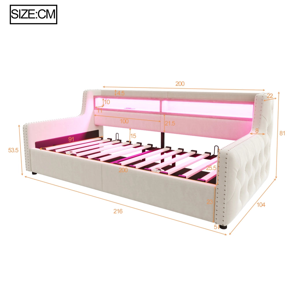 Letto divano 90 × 200 cm 1 posto con contenitore; LED; mensola; presa; USB e tipo C; senza materasso; beige