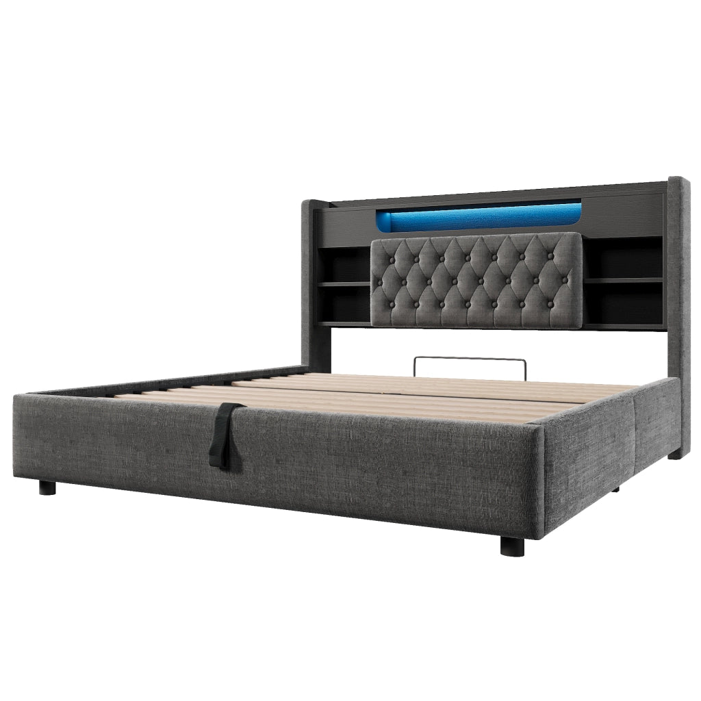 Letto contenitore idraulico 140x190 cm grigio con illuminazione LED