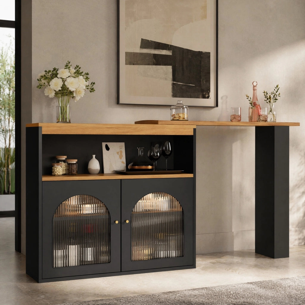 Tavolo bar girevole ed estensibile 138-193x39x105 cm con LED e ripiani; nero