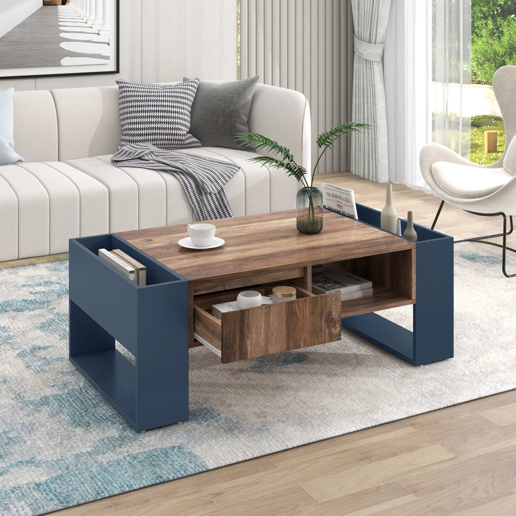 Tavolino da salotto con cassetto e vani contenitore su entrambi i lati, in truciolare nero e grigio, 111 × 60 × 40 cm