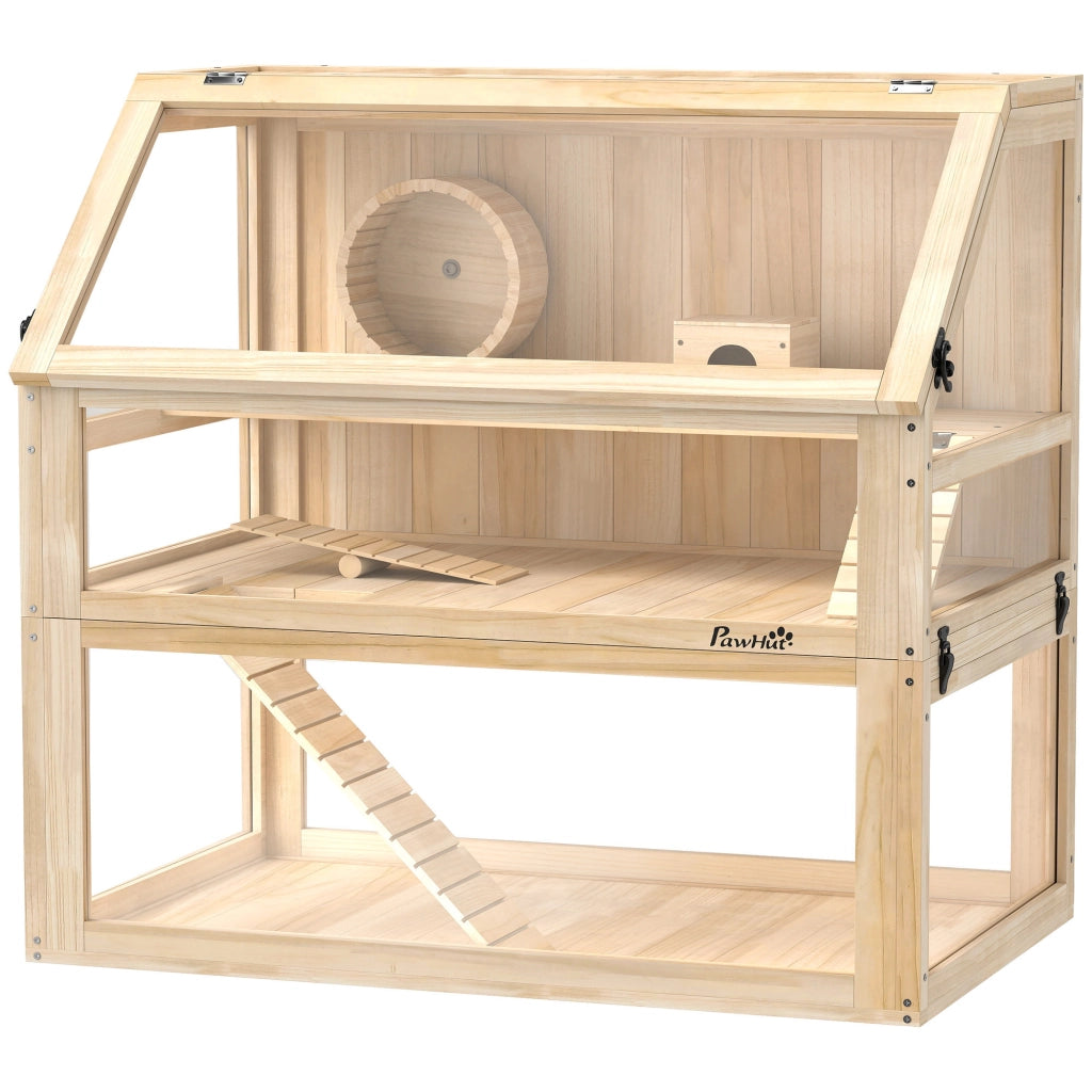 Gabbia per criceti in legno a 3 piani con coperchio ribaltabile e ruota per piccoli roditori 80 x 50 x 76 cm legno naturale