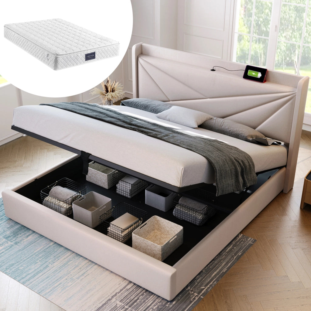 Letto matrimoniale contenitore 140x200 in cotone lino con USB-C, testiera geometrica e materasso