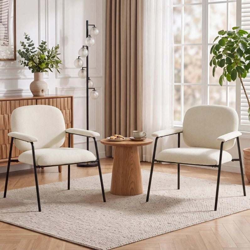 Set di 2 Poltrone Moderne in Chenille Crema con Struttura in Metallo Nero