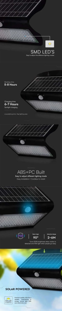 Applique da Parete Solare LED 6.8W 4000K Corpo Nero 800lm (Rif. 8279) – V-TAC – VT-767-7-B