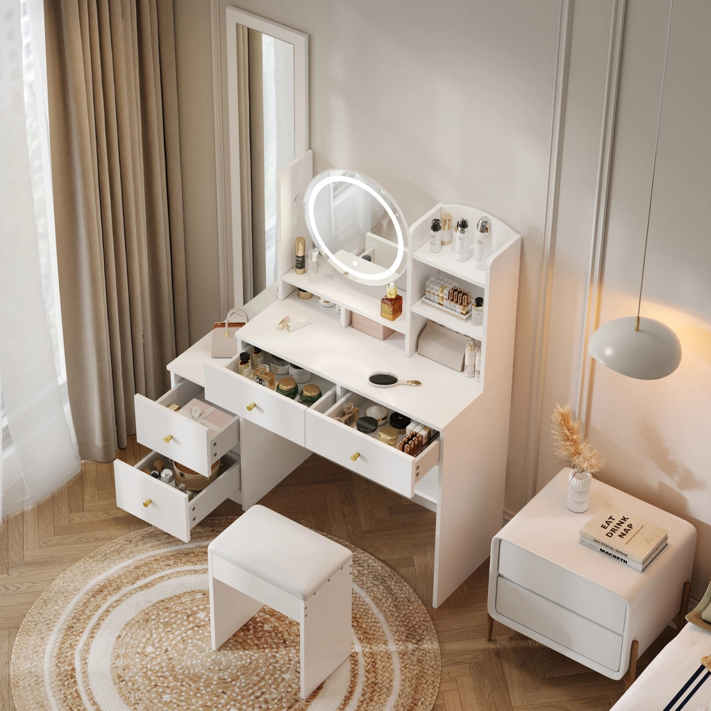 Toeletta 4 in 1 109x36x164 cm con specchio LED; specchio girevole; 4 cassetti e sgabello; bianco