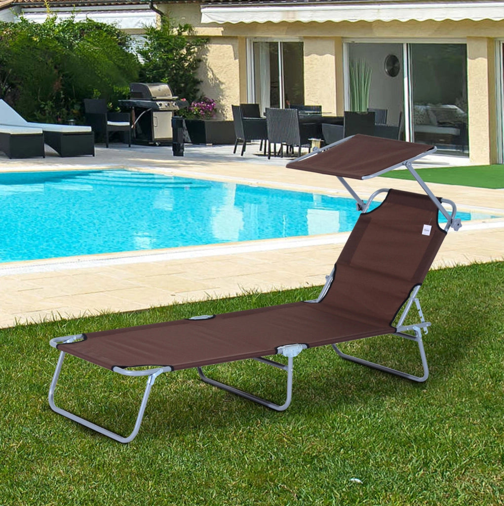 Sdraio da giardino pieghevole con tettuccio parasole marrone 187x58x36 cm per terrazza e balcone