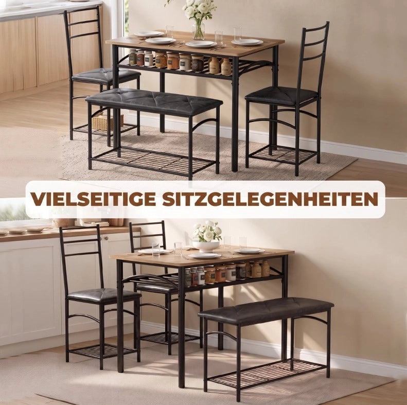 Set da pranzo industriale 4 posti con tavolo, 2 sedie e panca