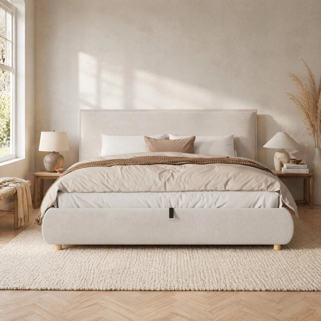 Letto matrimoniale contenitore 180x200 cm in velluto crema con rete a doghe e testiera
