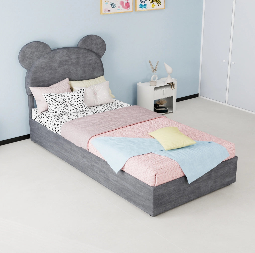 Letto per bambini 90x200 cm grigio con vano contenitore, tessuto e metallo, senza materasso