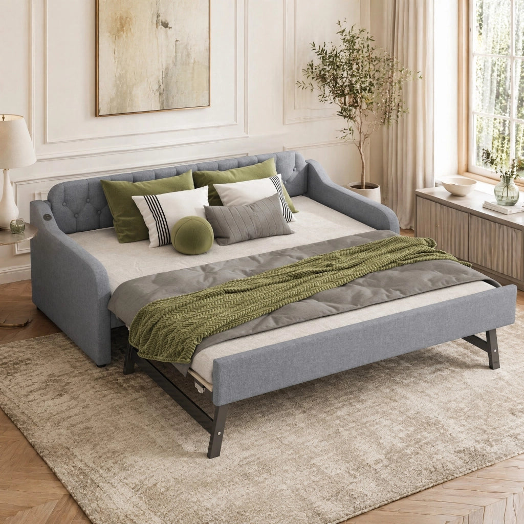 Divano letto 90 × 200 cm con letto estraibile USB in tessuto di lino grigio struttura in MDF con rete a doghe