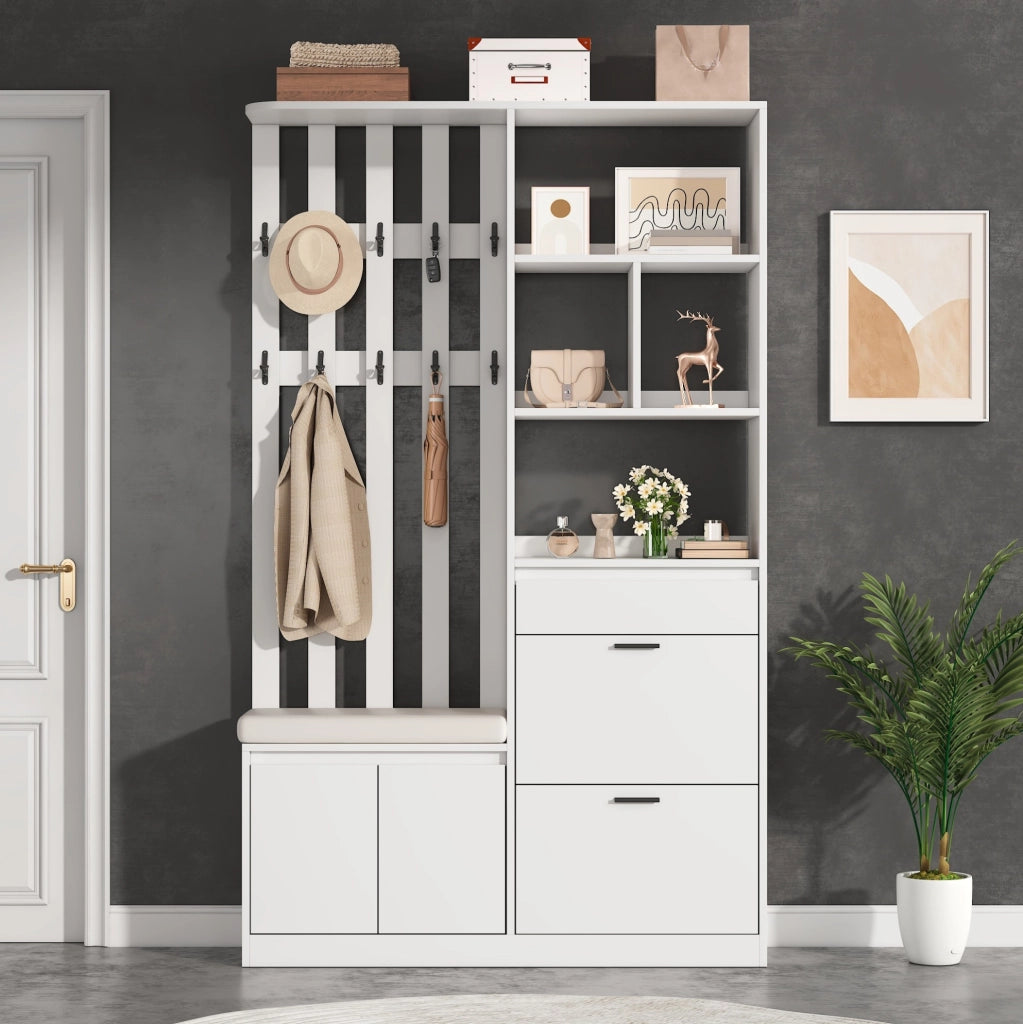 Guardaroba da ingresso multifunzionale 120x30x200 cm in MDF bianco con panca imbottita, 2 ribalte porta scarpe, 1 cassetto, 2 ante e 10 appendini, capacità 30 kg