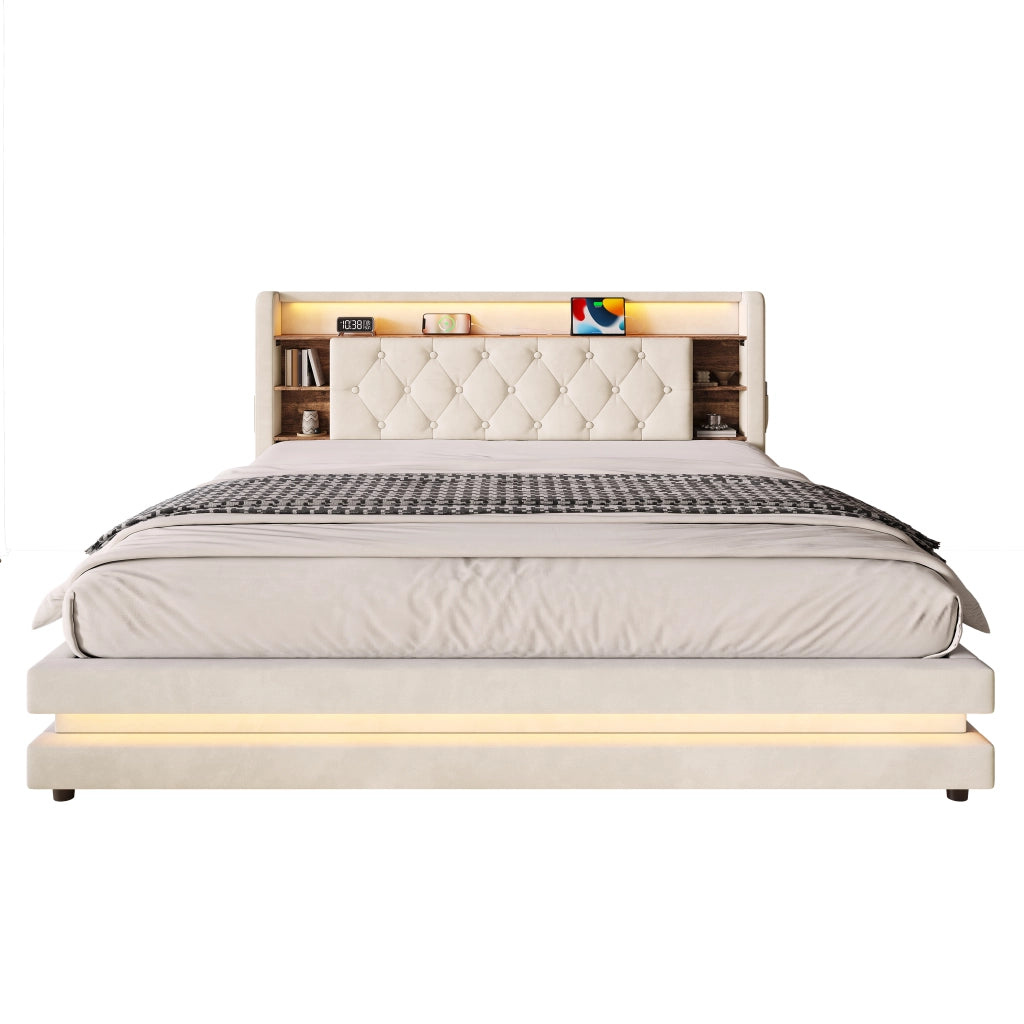 Letto matrimoniale 180x200 cm con contenitore idraulico; LED; 2 USB e Type-C; velluto beige