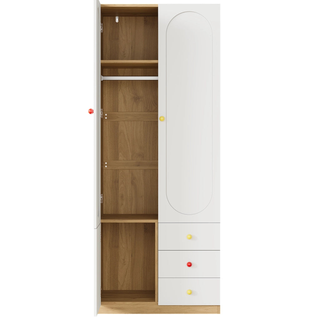 Armadio guardaroba bianco per bambini con 2 ante, 3 cassetti, bastone appendiabiti e maniglie in ceramica colorata, 80x50x200 cm