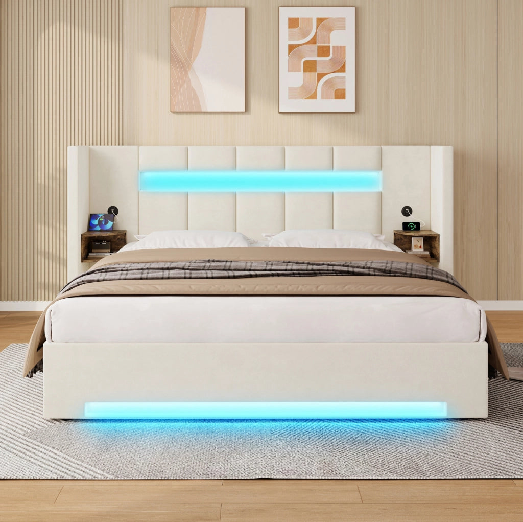 Letto con struttura in velluto 160x200 cm con testiera larga, doppi USB, armadietti retro, luci LED e grande contenitore sottostante con tessuto non tessuto