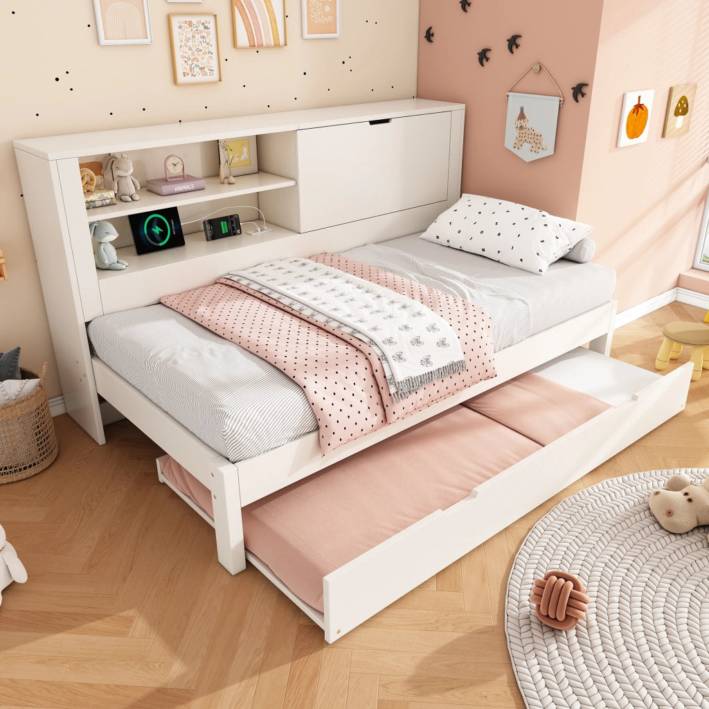 Divano letto 90x190 cm con letto estraibile 90x190 cm; USB e USB-C; vano contenitore; legno bianco