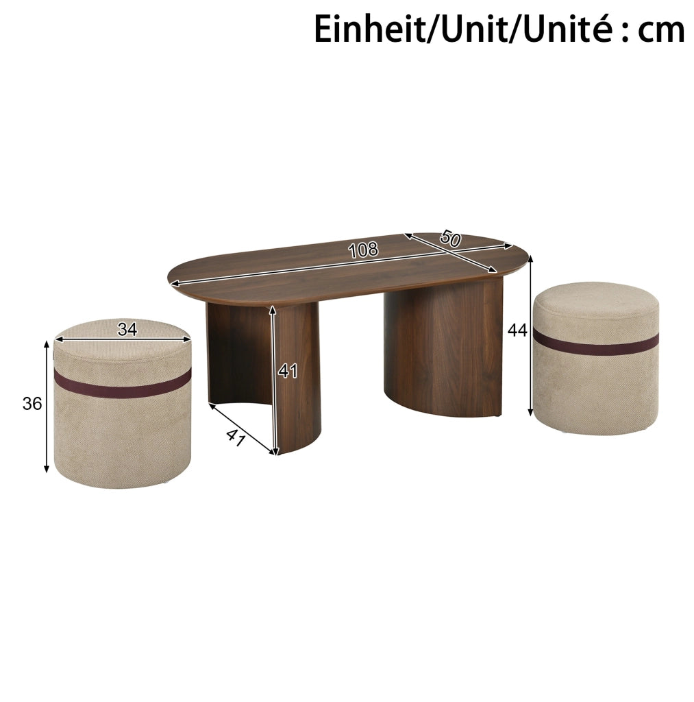 Set tavolino da salotto ovale con 2 pouf imbottiti in MDF e legno di pino noce HAVRYA