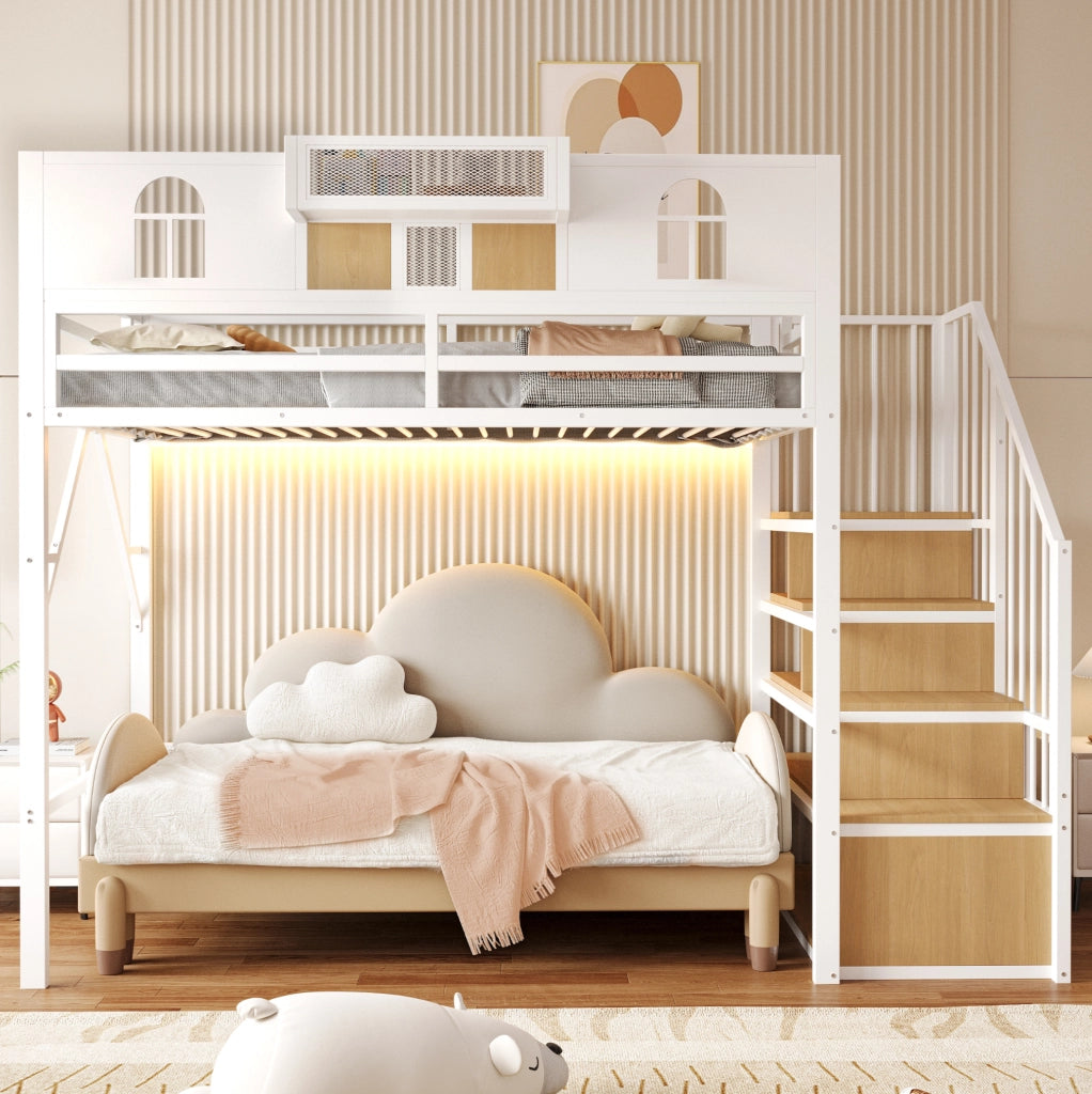 Letto a soppalco ULEVR 90x200 cm in metallo bianco con scala contenitore, ripiano laterale e striscia luminosa
