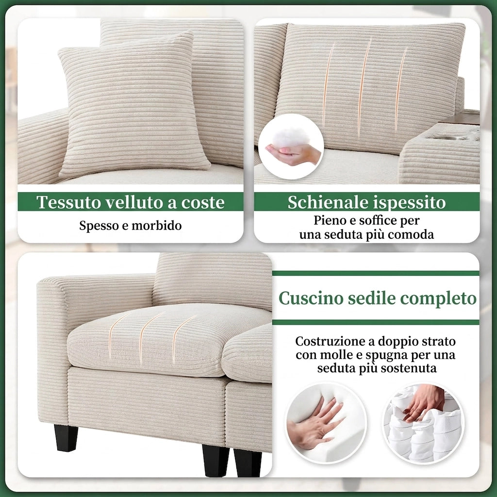 Divano angolare a L 4 posti 229 cm con pouf contenitore; console USB e portabicchieri; velluto a coste beige