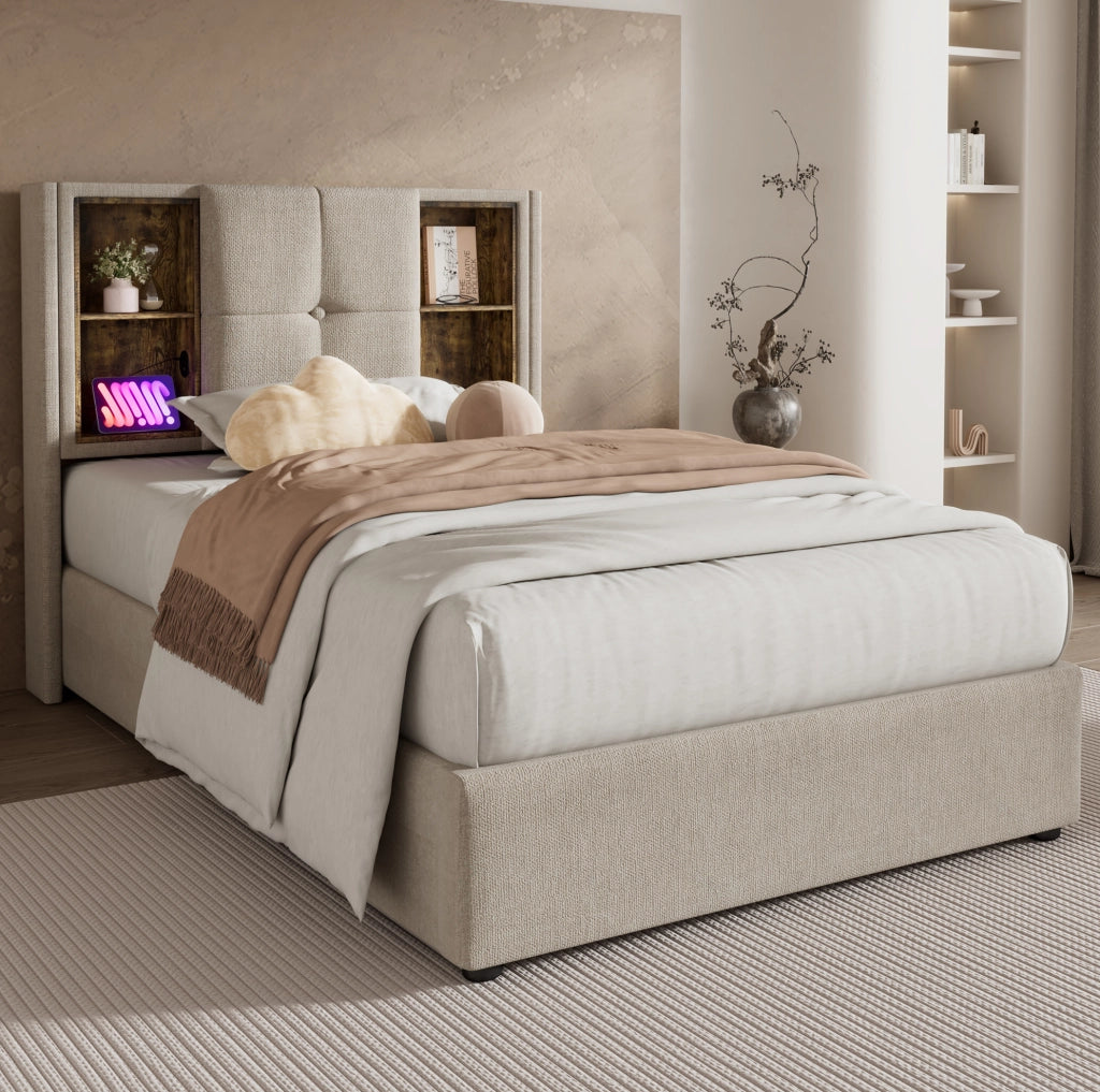 Letto imbottito 90 x 200 cm con ricarica wireless, USB-C e contenitore