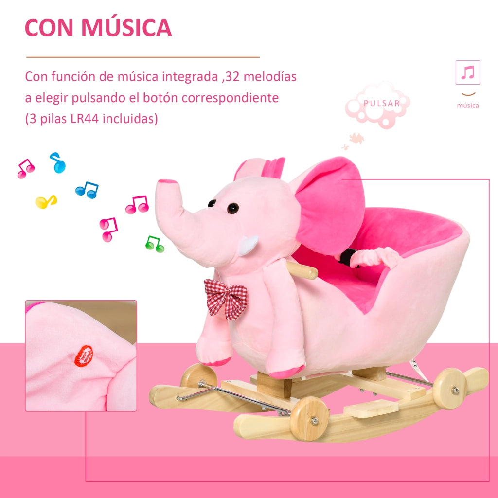 Cavallo a Dondolo con Ruote Forma Elefante ¨C Xylo ¨C Rosa 60x35x45 cm con Musica