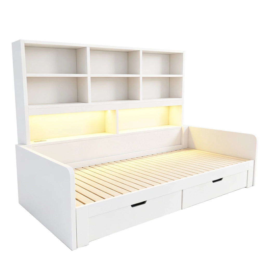 Letto 90x200 cm estraibile con LED e prese in MDF