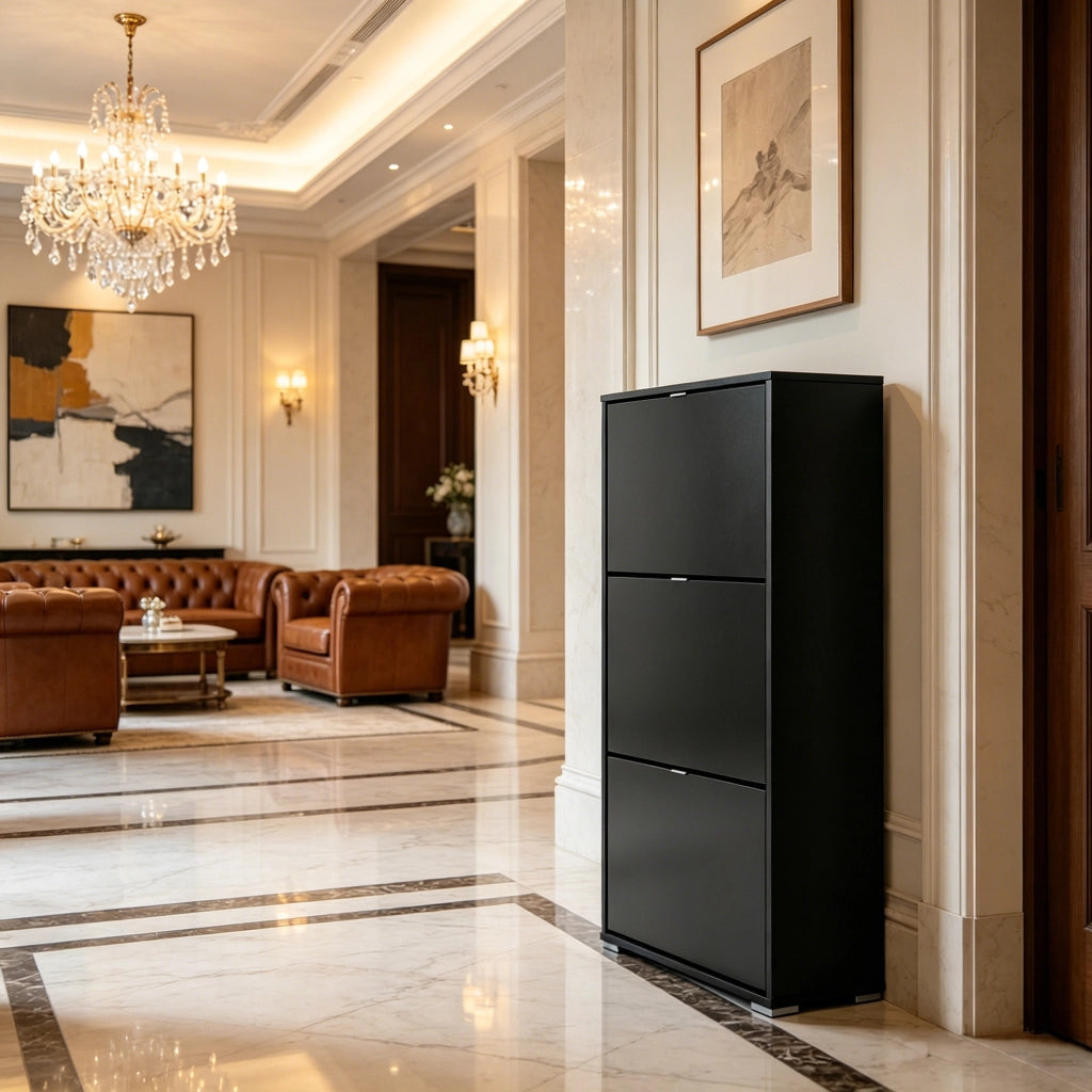 Scarpiera con 3 ante a ribalta e divisori regolabili in MDF nero con vassoio superiore 60 × 26 × 124 cm