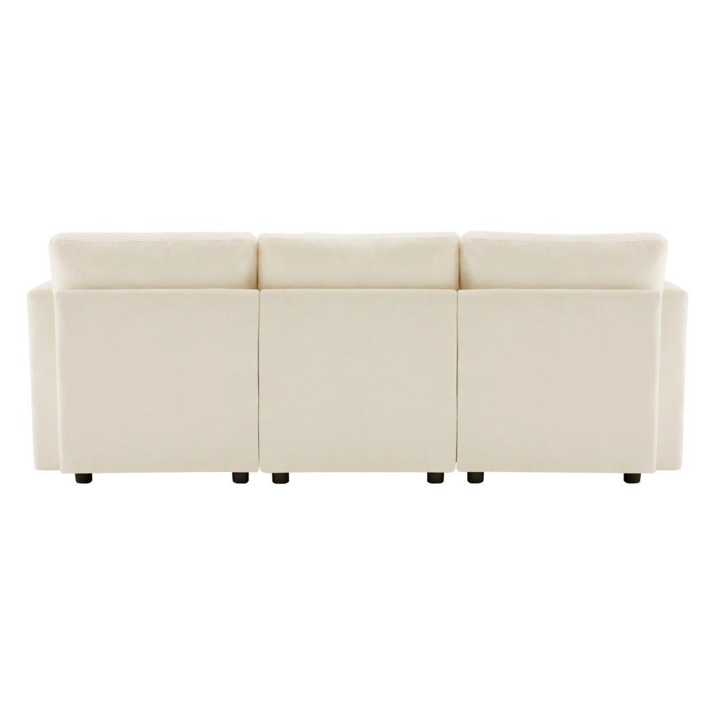 Divano angolare 218x156,5 cm con pouf e braccioli regolabili in ciniglia beige