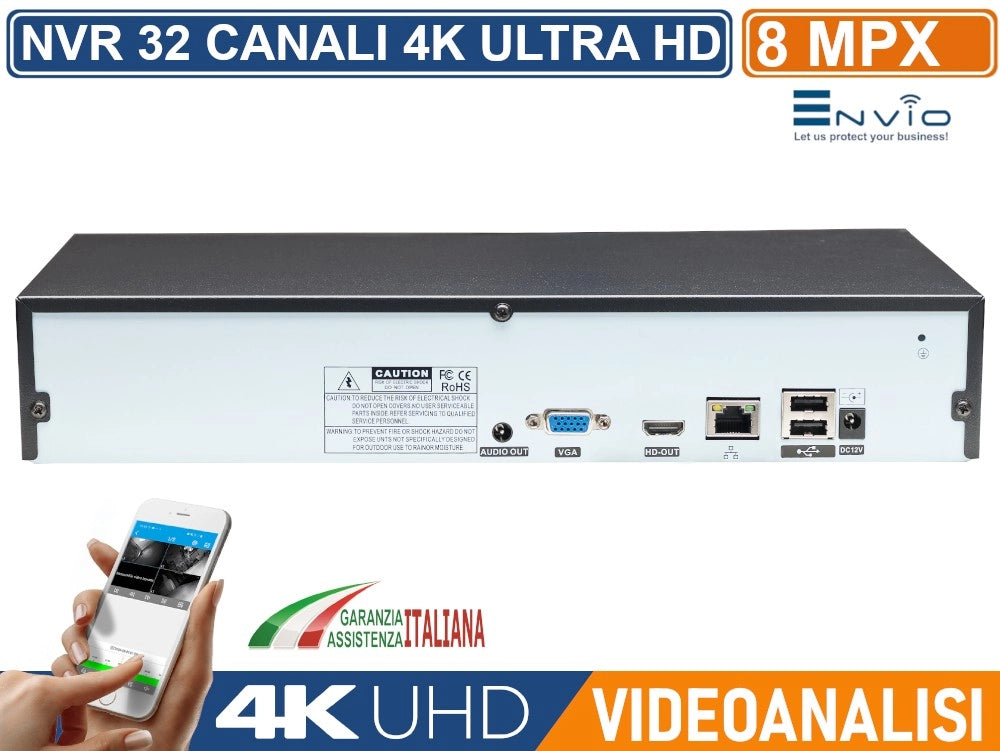 NETWORK VIDEO RECORDER NVR 32 CANALI 8MP 4K ULTRA HD ANALISI INTELLIGENTE P2P H.265AI