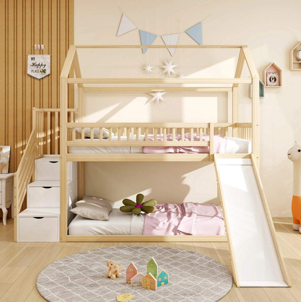 Letto a soppalco per bambini con scivolo e scala contenitore 90 x 200 cm; legno naturale