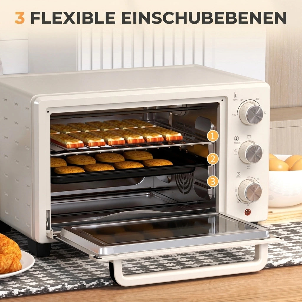 Mini Forno Elettrico 21L Fornetto Compatto da Cucina 100-230°C con Teglia e Griglia 3 Modalita Acciaio Bianco Crema
