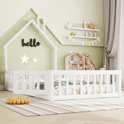 Letto per bambini a casetta 90 × 200 cm con rete a doghe in legno bianco con camino e barriera di sicurezza
