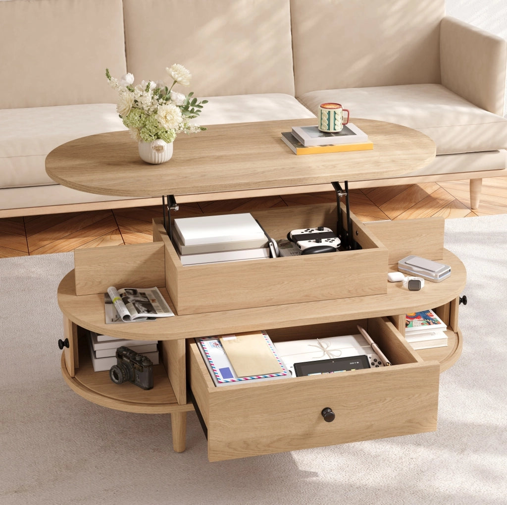 Tavolino da salotto ovale con piano sollevabile 105x50 cm; cassetto e ante scorrevoli naturale HOMVRA