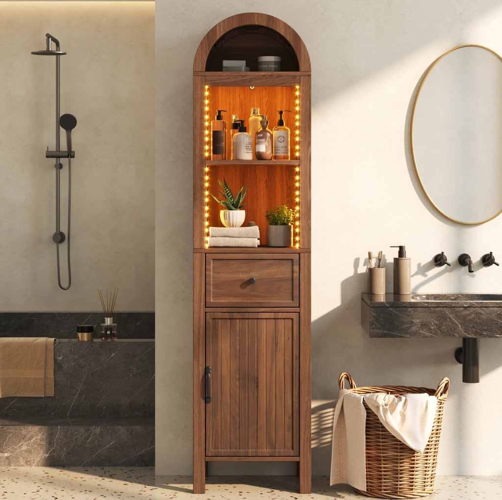 Mobile bagno alto 163 cm con LED RGB, ante reversibili, cassetto, chiusura soft-close, finitura noce 40×30×163 cm