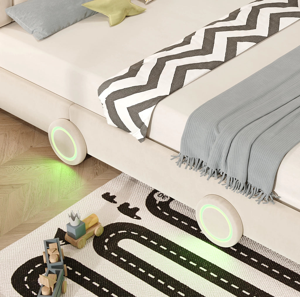 Letto Imbottito per Bambini a Forma di Auto 140 x 200 cm Beige in Flanella - Senza Materasso