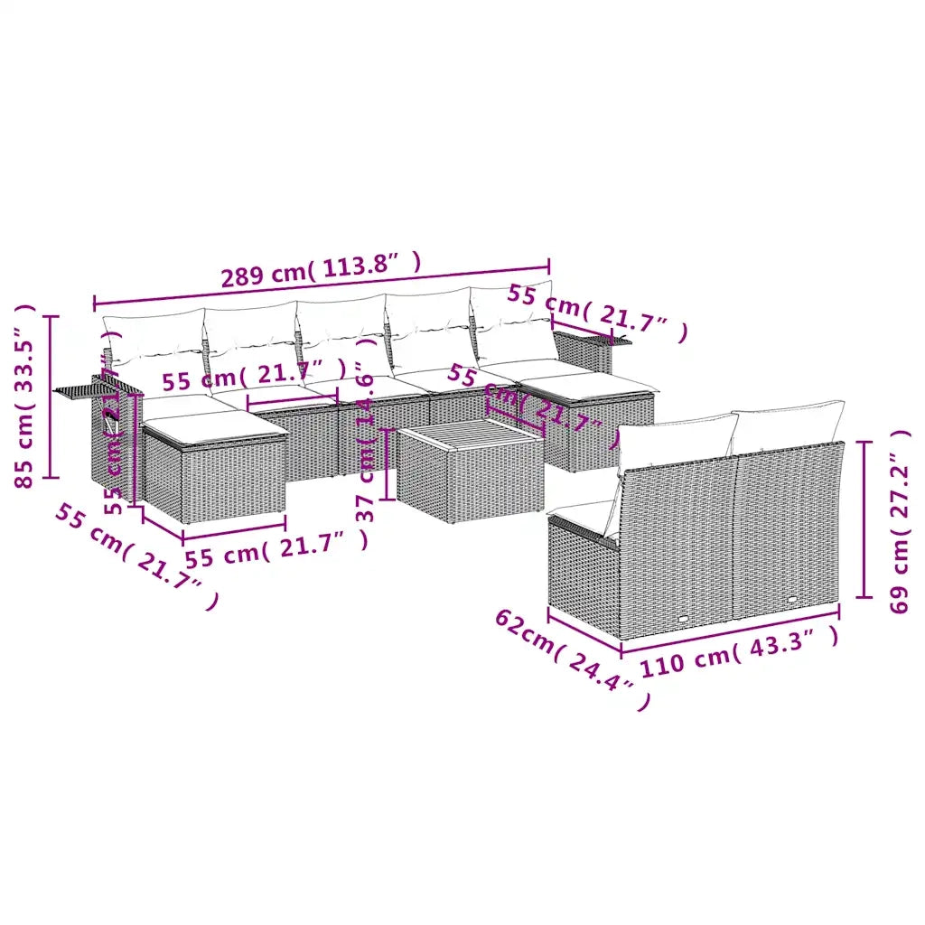 Set Divani da Giardino 10 pz con Cuscini Grigio in Polyrattan 3224766
