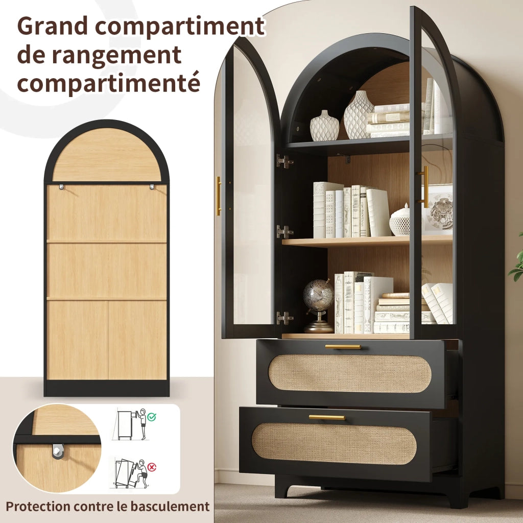 Vetrina Retro Nera 175x80x40 cm con 2 Ante Arco Montmartre, Libreria con 2 Cassetti e Ripiani Regolabili