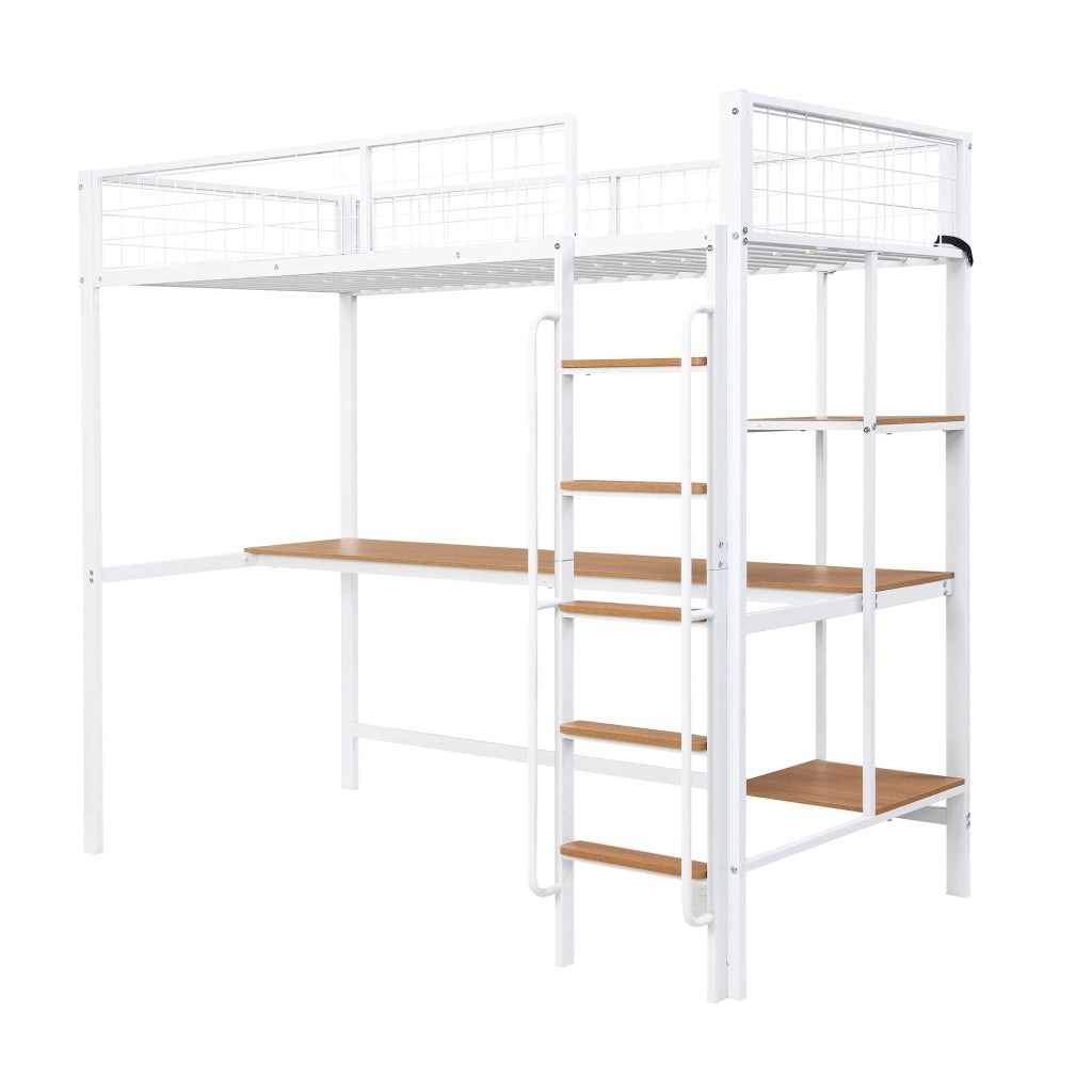 Letto a soppalco 90 × 200 cm con scrivania, scaffali e scala a 5 gradini, senza materasso, bianco naturale