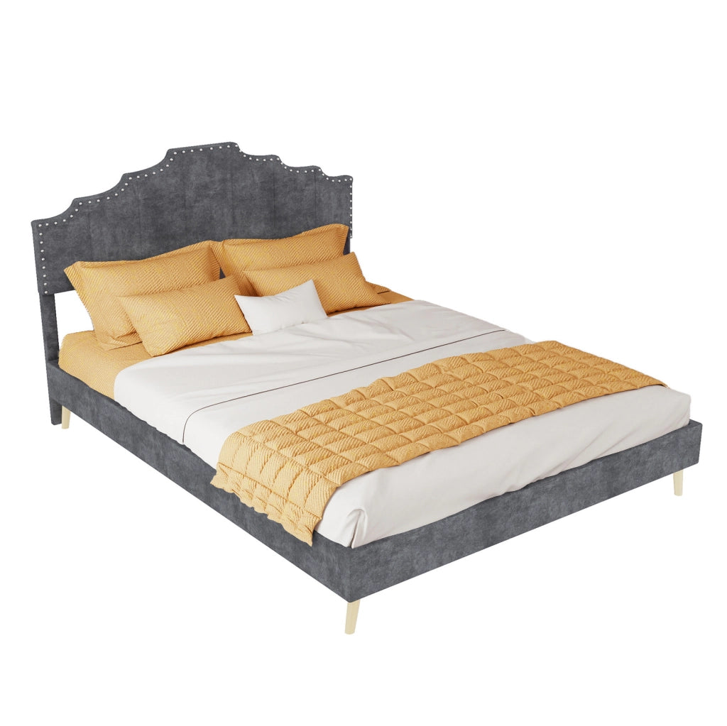 Letto moderno minimalista 140x200 cm con testiera imbottita in tessuto grigio, struttura bassa multifunzionale con materasso incluso