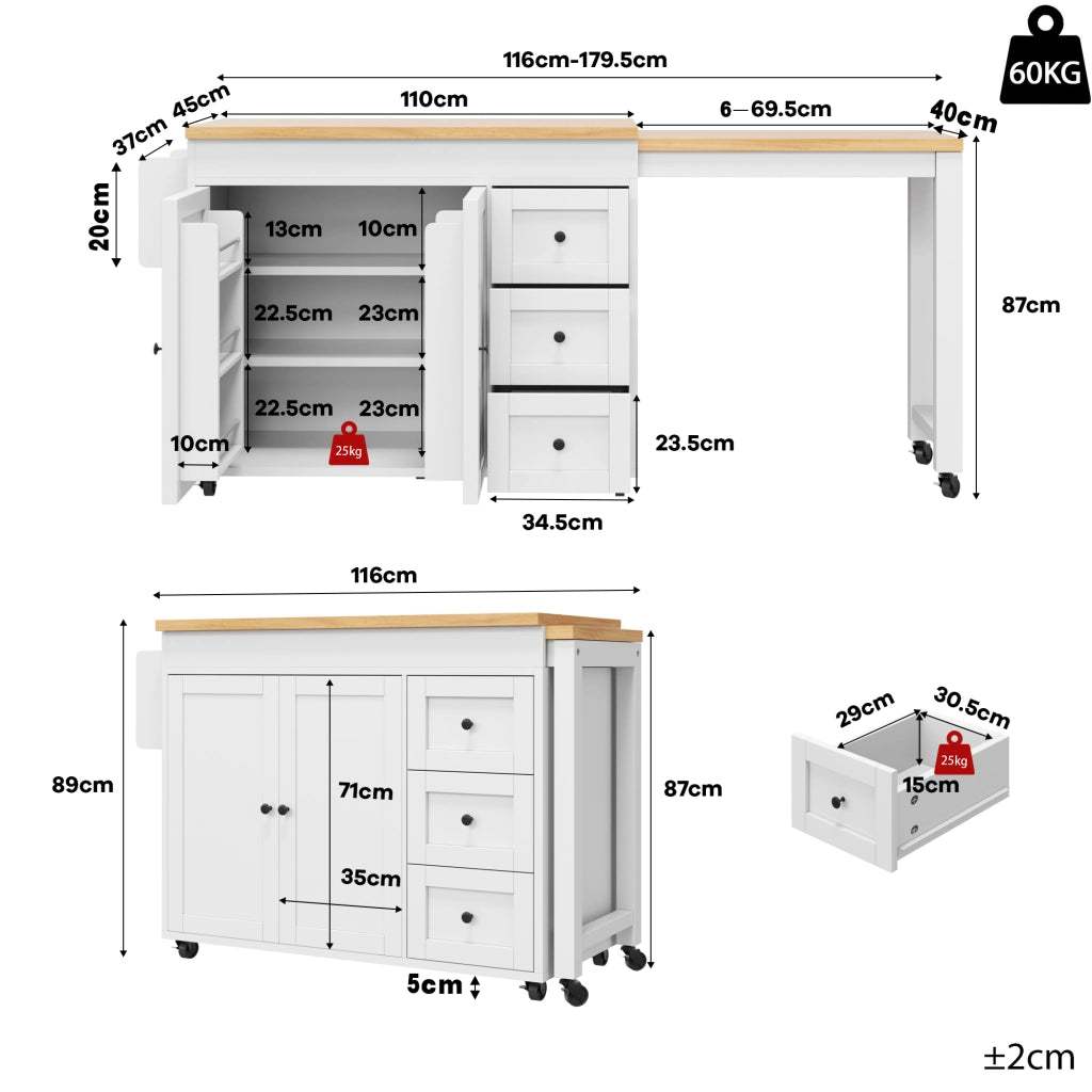 Isola cucina estensibile con 3 cassetti; ripiani laterali snack e ruote; per cucina e sala da pranzo; 116 × 45 × 89 cm