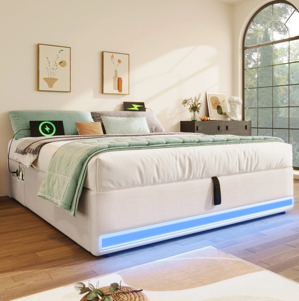 Letto imbottito 140x200 cm beige con LED, USB/Type-C e vano contenitore